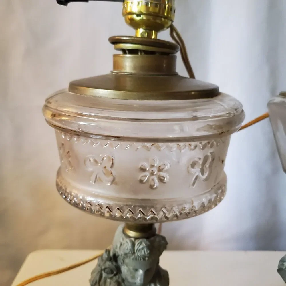 2 Antique Oil Electric Lamps Female Bust Spelter Metal Black & Brass Base Glass